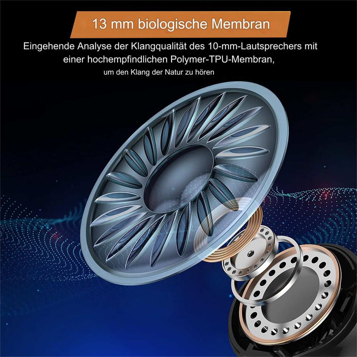 Nahaufnahme einer Kopfhörerkomponente mit Text über eine 13 mm biologische Membran.