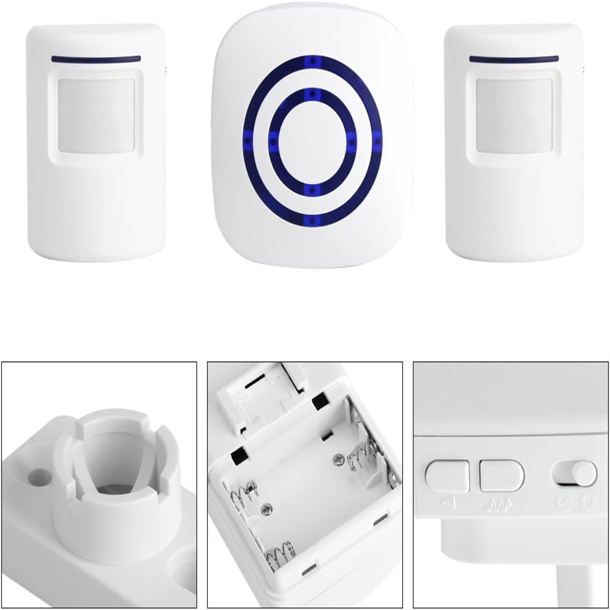 Drei weiße Sensoren mit Details des Bedienfelds und des Batteriefachs. Weißer Hintergrund.