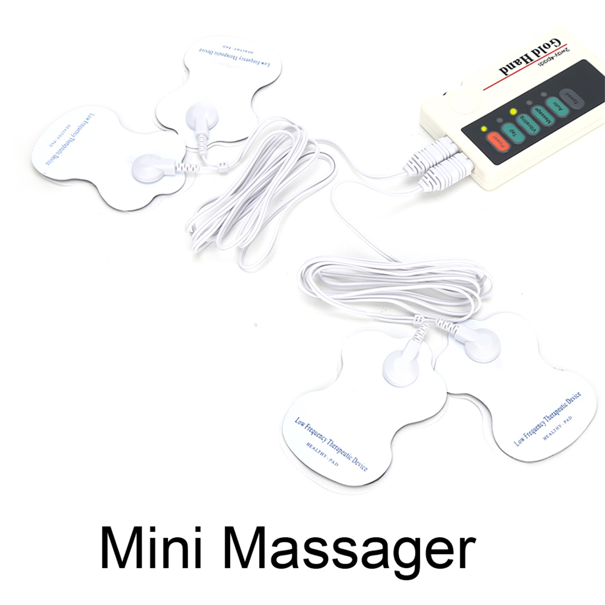 Mini-Massagegerät mit Pads und Steuereinheit, beschriftet mit „Low Frequency Therapeutic Device“.