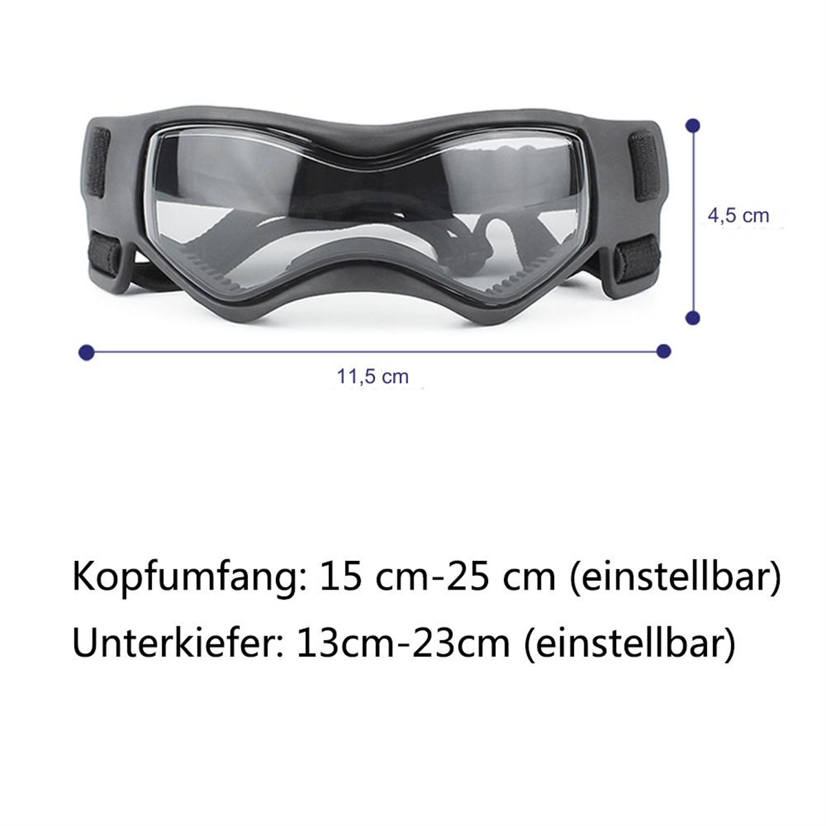 Hundegläser mit Abmessungen und Text über Kopf- und Kieferumfang.