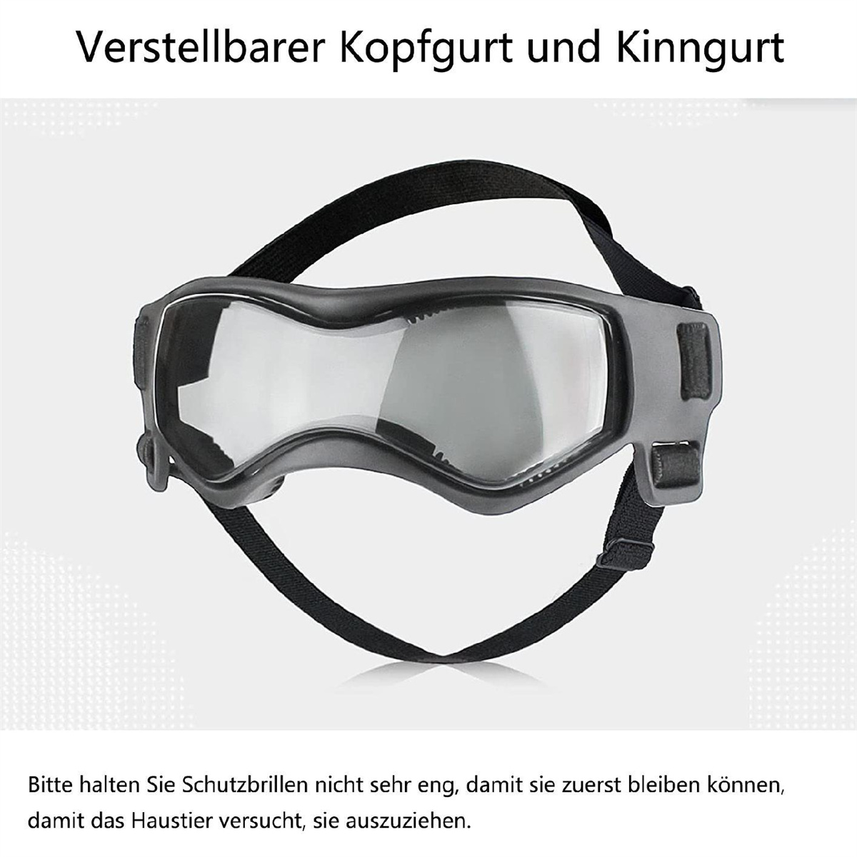 Graue Hundegläser mit schwarzen Riemen auf weißem Hintergrund.