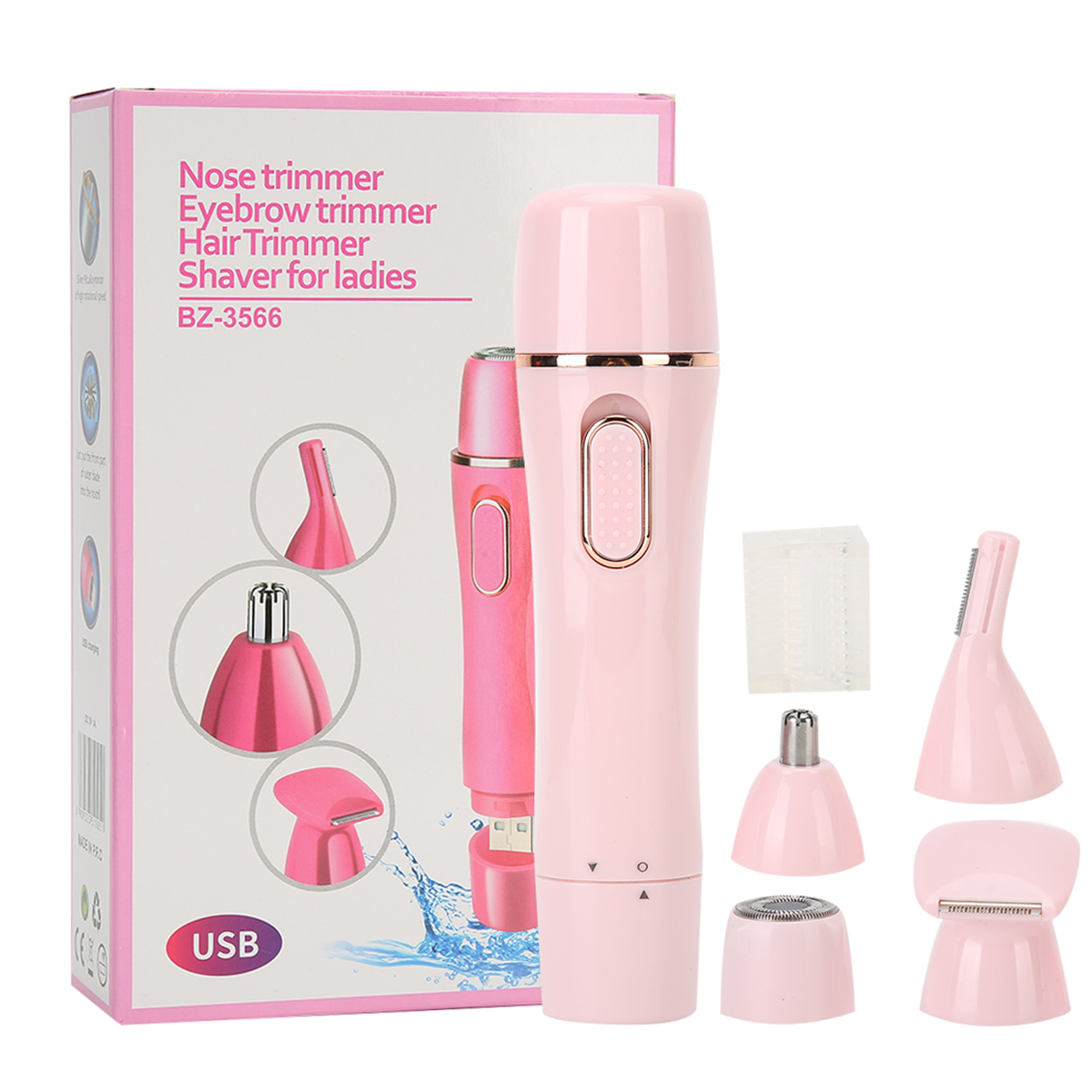 Ein pinkfarbenes elektrisches Nasen- und Augenbrauentrimmer-Set mit verschiedenen Aufsätzen.