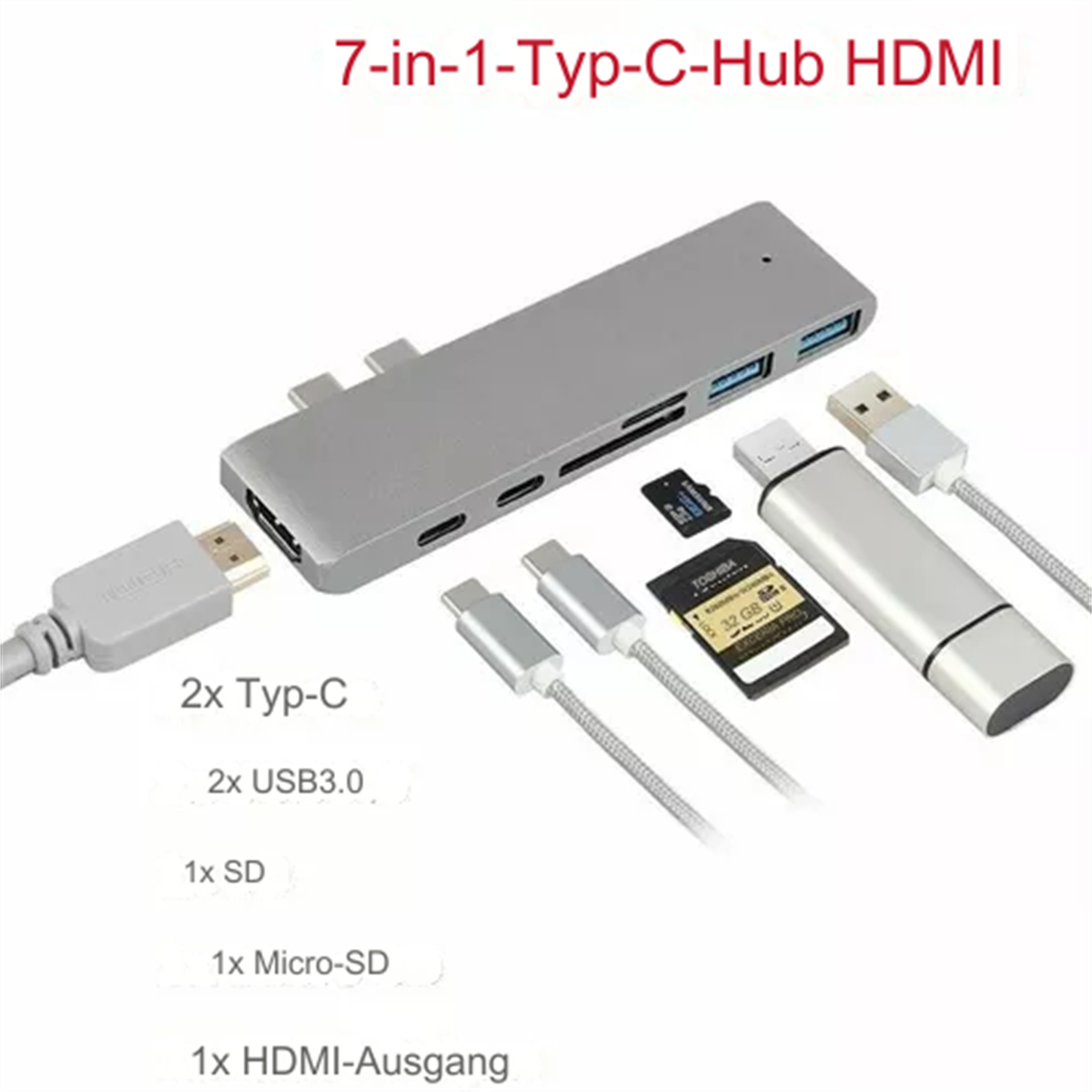 Silberner 7-in-1 USB-C-Hub mit verschiedenen Anschlüssen und beschrifteten Geräten.