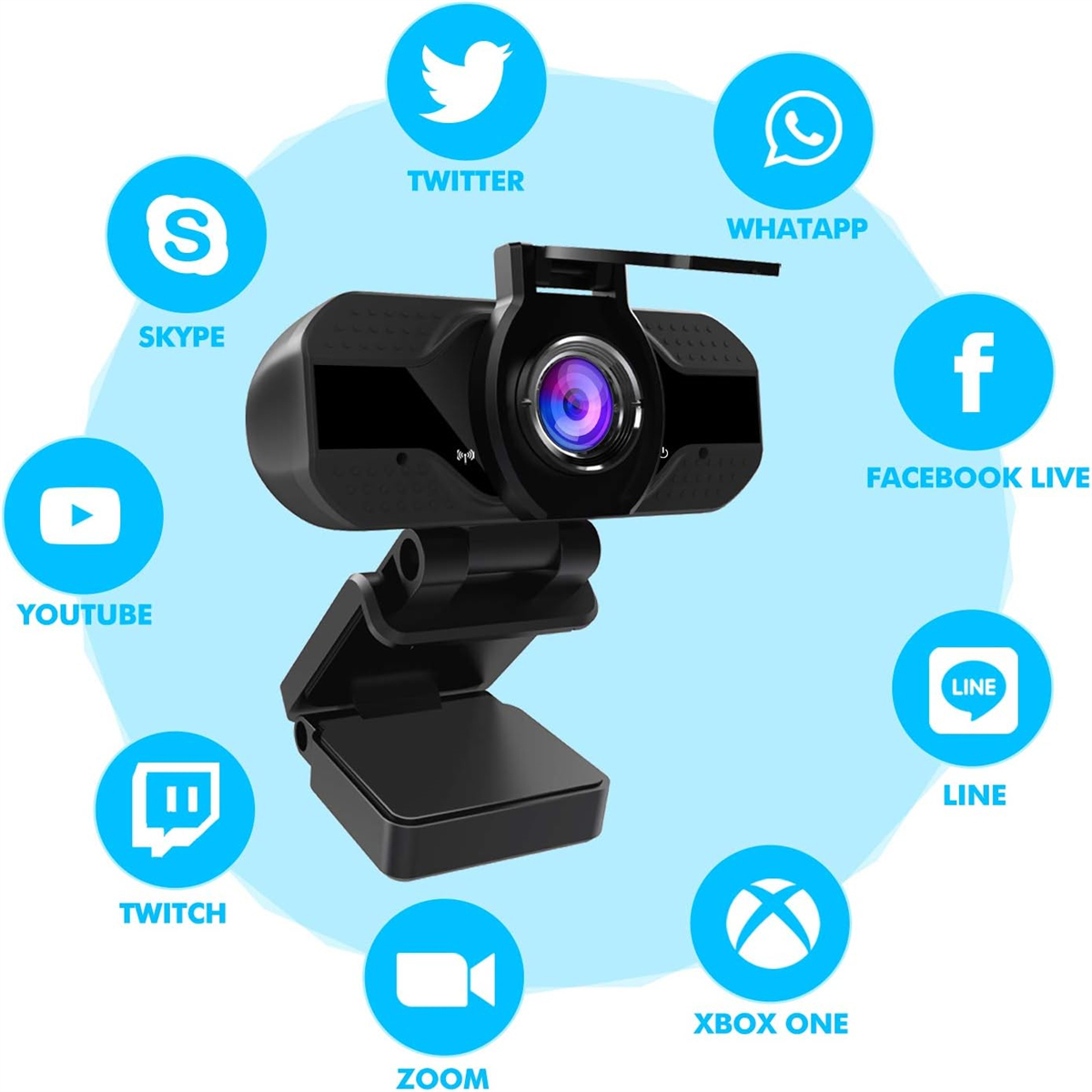 Schwarze Webcam, umgeben von App-Symbolen für Youtube, Skype, Zoom, Facebook, Twitch und mehr. Auf Weiß.