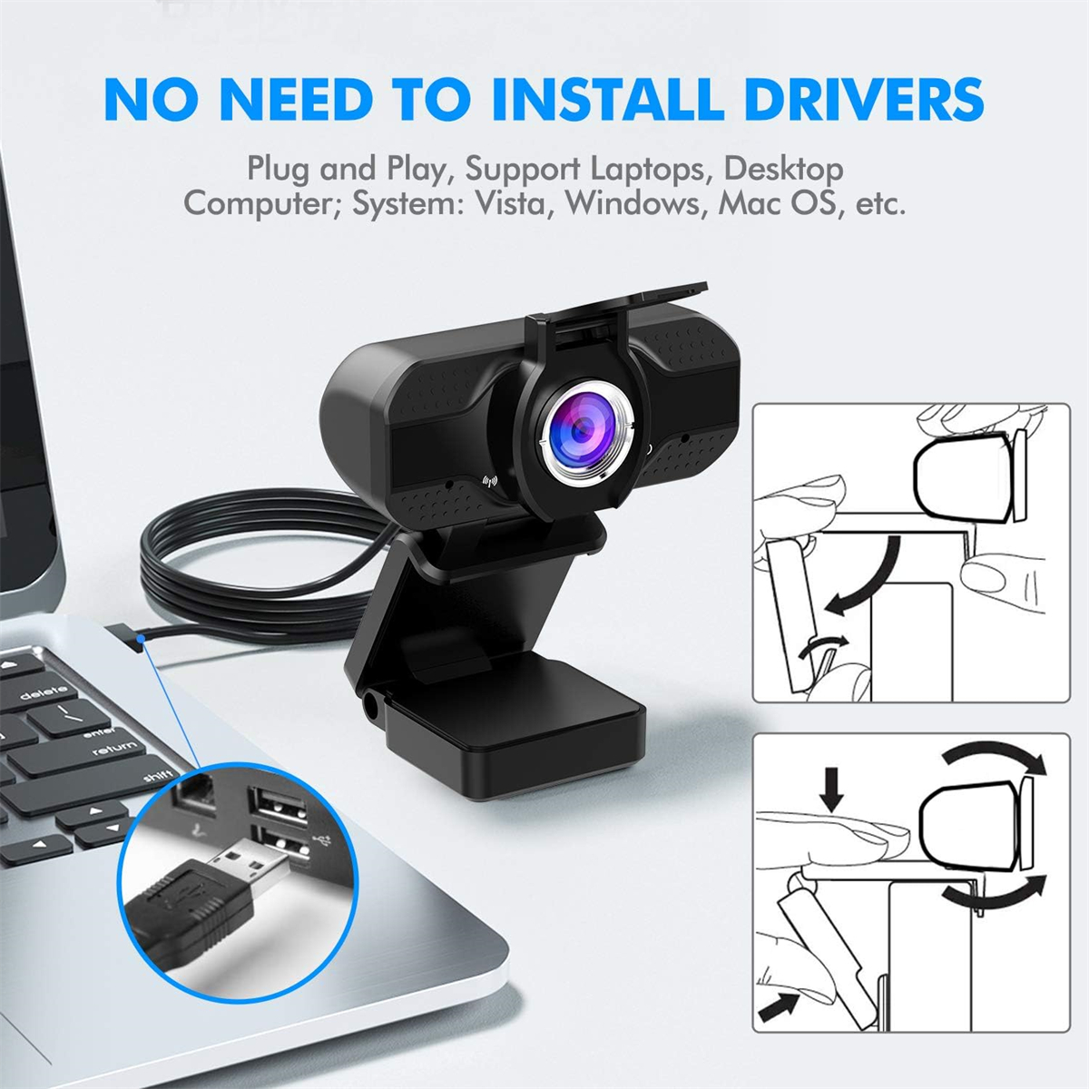 Schwarze Webcam, an einen Laptop angeschlossen, zeigt Einrichtungsdiagramme. USB-Kabel.