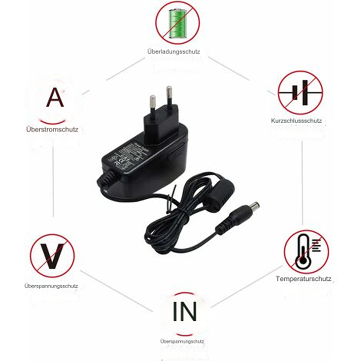 Schwarzer Netzadapter mit Sicherheitssymbolen. Weißer Hintergrund.