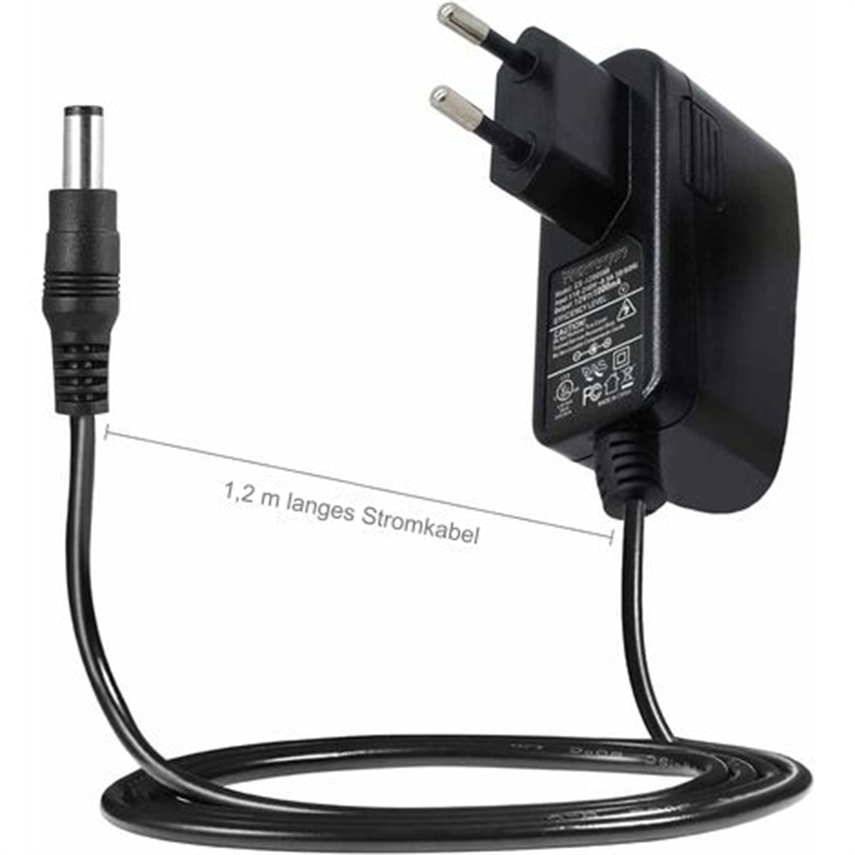 Ein schwarzes Netzteil mit einem 1,2 m Kabel. Das Kabel ist aufgerollt.