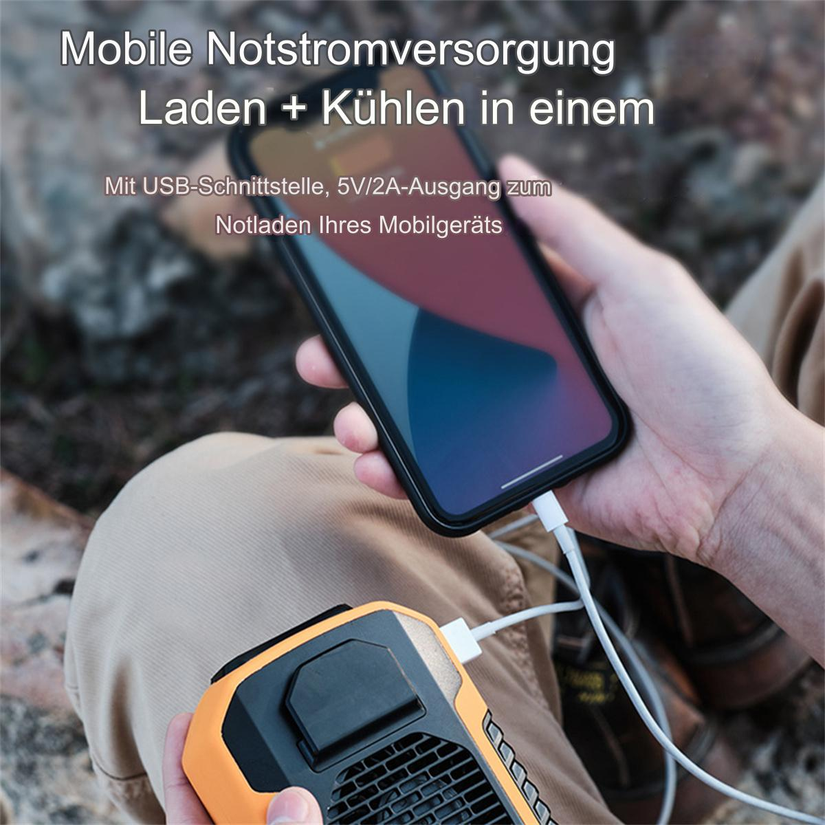 Mann hält Telefon, das mit einem orangefarbenen Gerät mit Lüfter verbunden ist.
