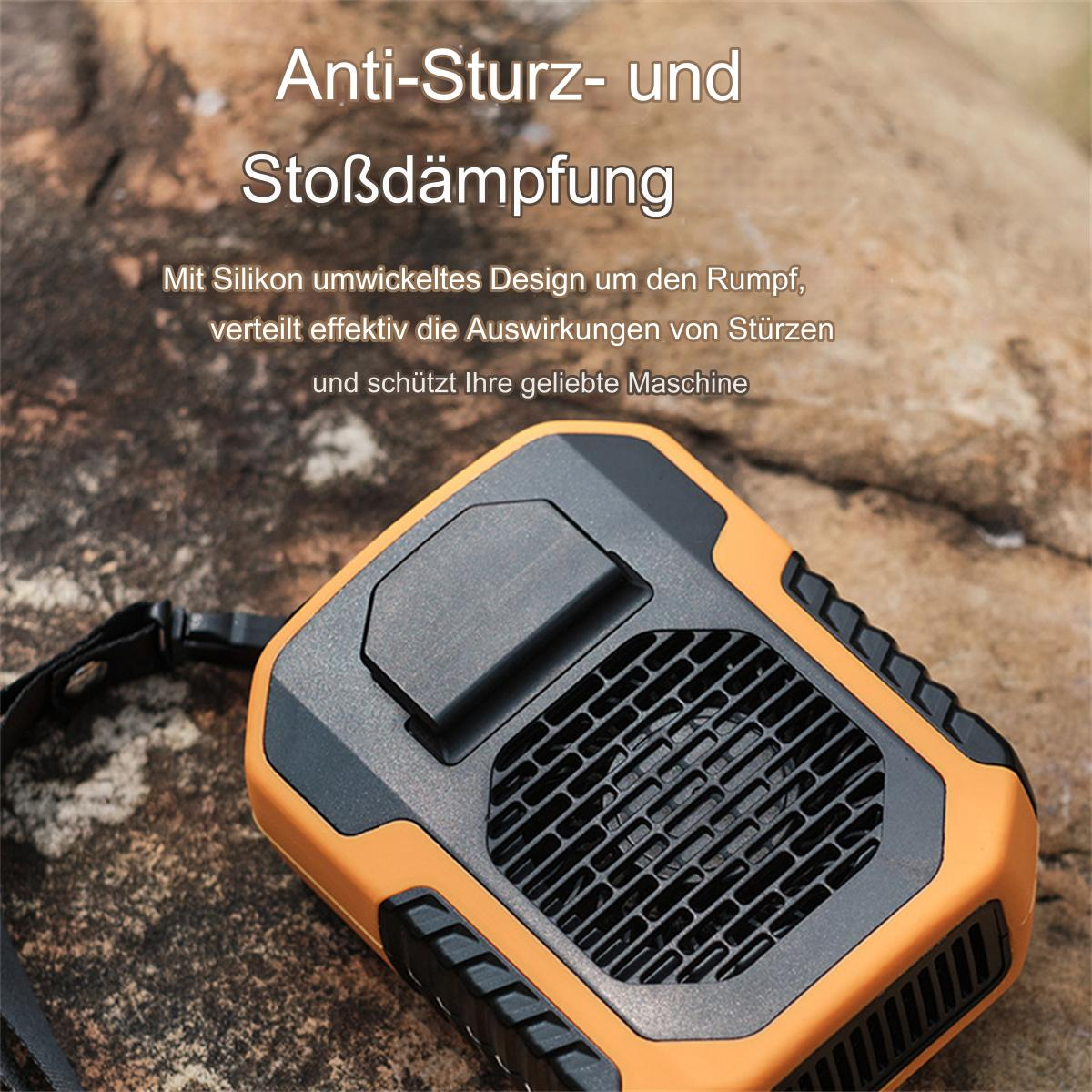 Ein orangefarbenes und schwarzes Kühlgerät mit schwarzem Gitter, zum Schutz und zur Stoßabsorption.