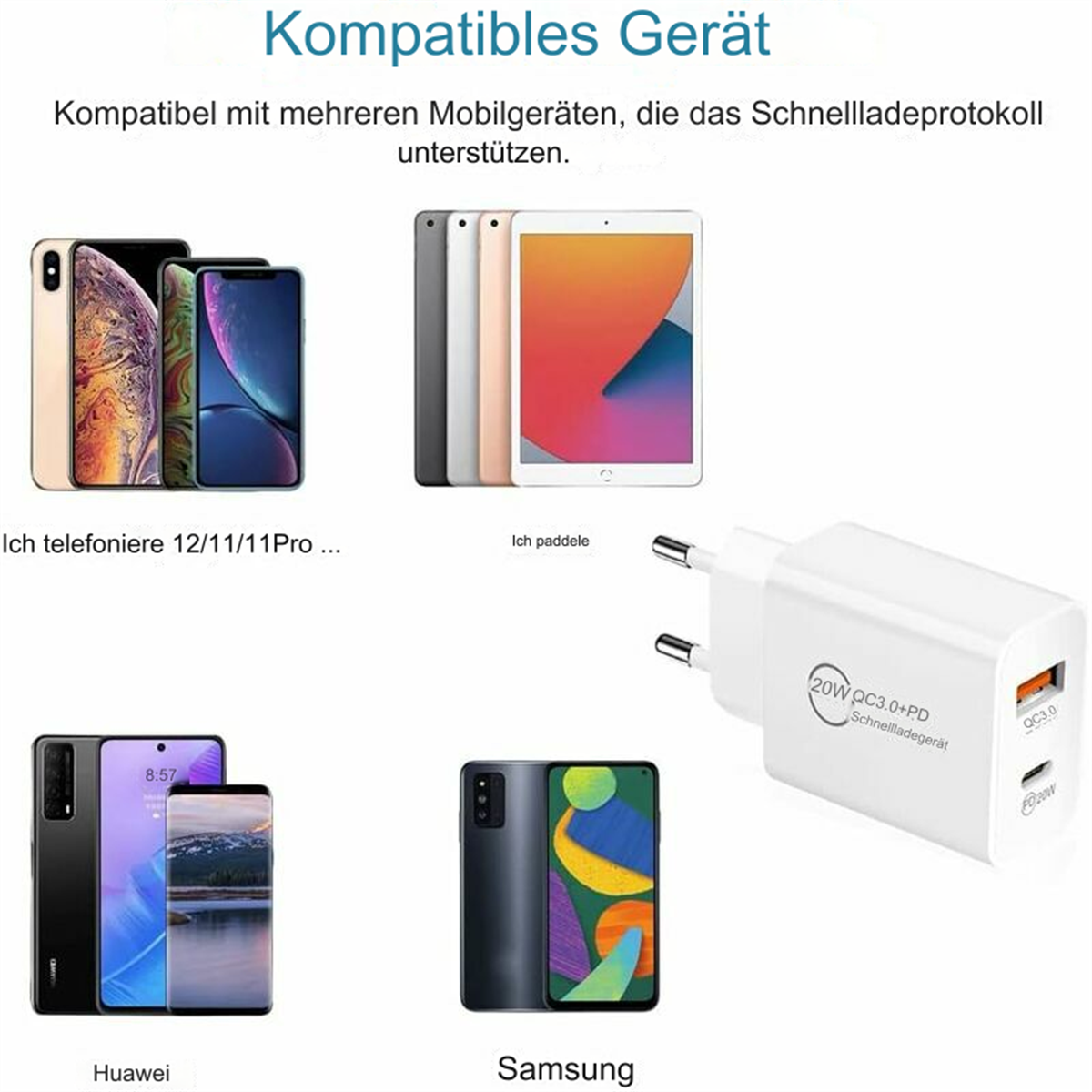Das Bild zeigt Telefone, ein Tablet und ein Ladegerät. Text erwähnt Kompatibilität mit Mobilgeräten.