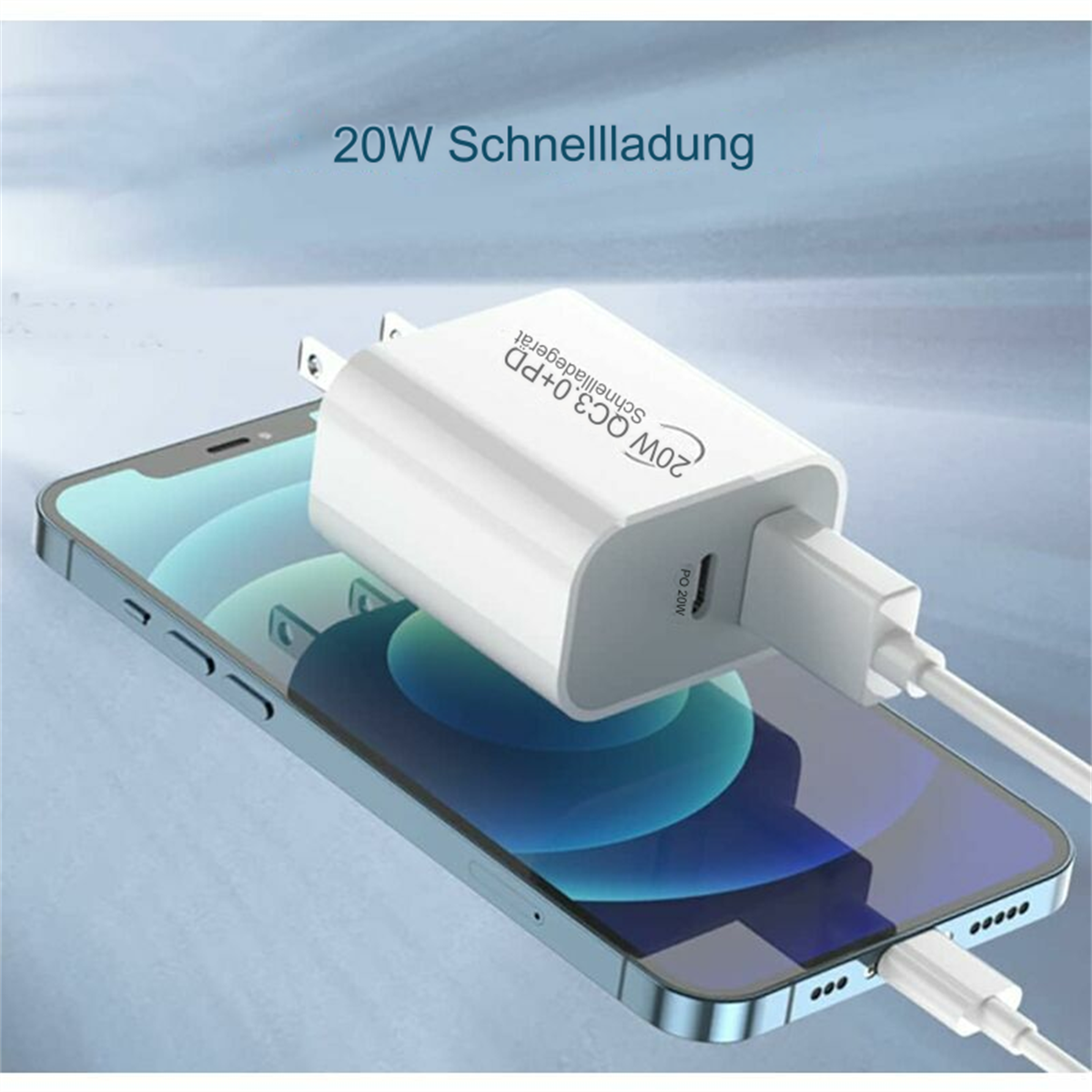 Weißes Ladegerät, das an ein Telefon angeschlossen ist. Text lautet '20W'. Blauer Hintergrund, weißes Kabel.