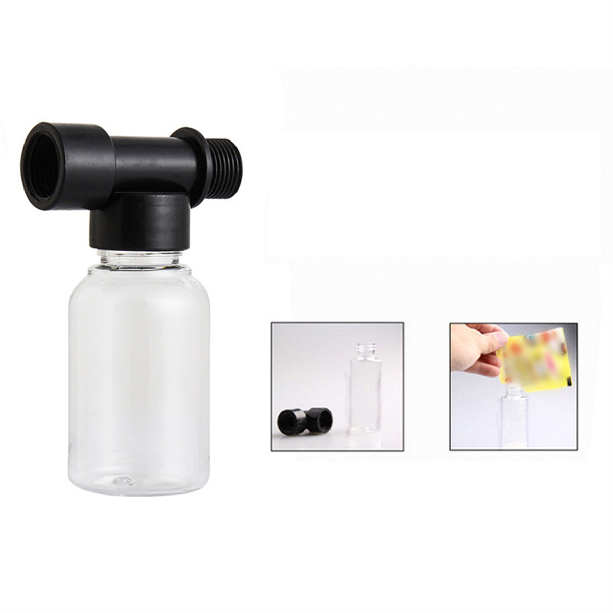Schwarze und transparente Kunststoffflasche mit schwarzem Düsenkopf. Zwei kleinere Bilder zeigen Teile.