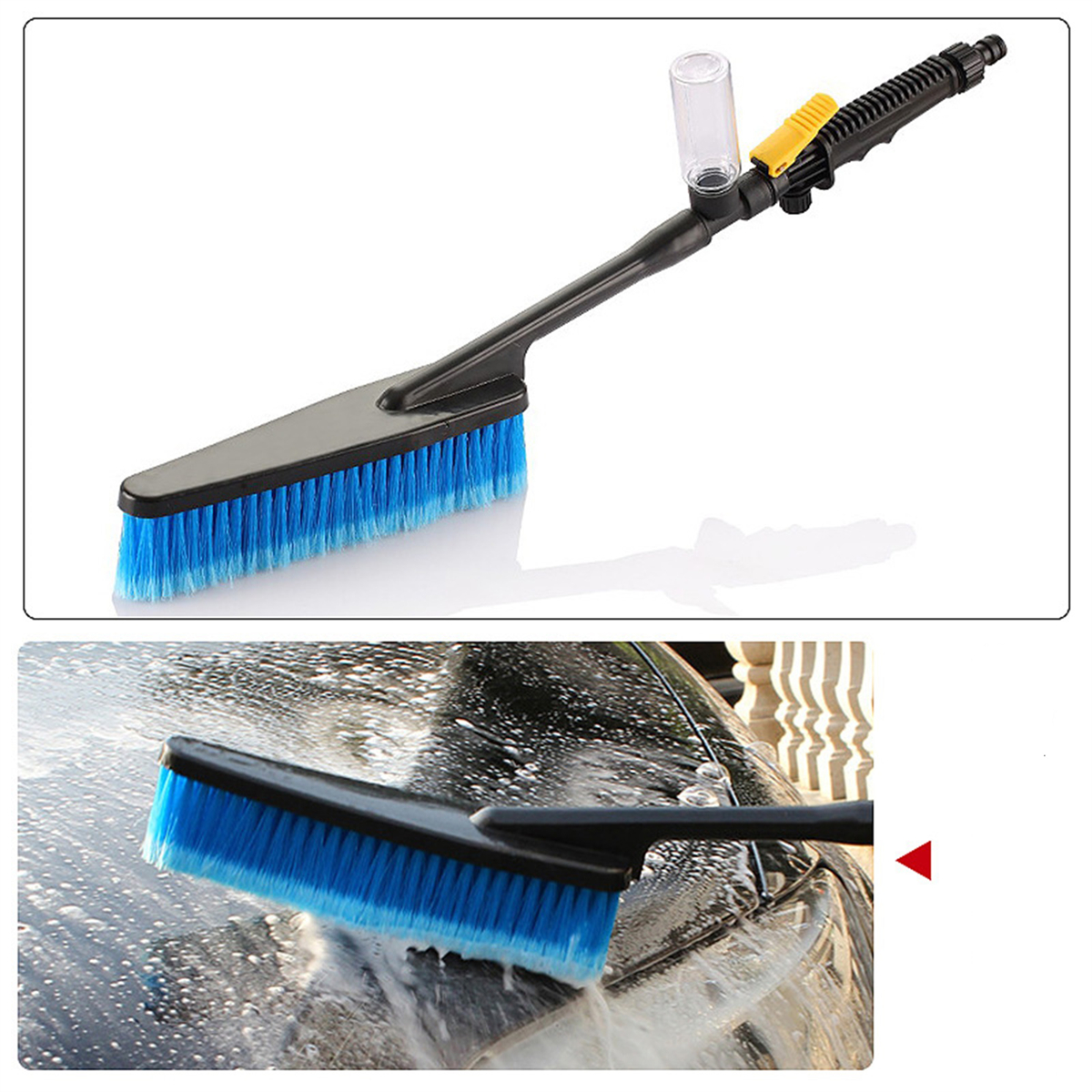 Eine Autowaschbürste mit blauen Borsten und Wasserspray.