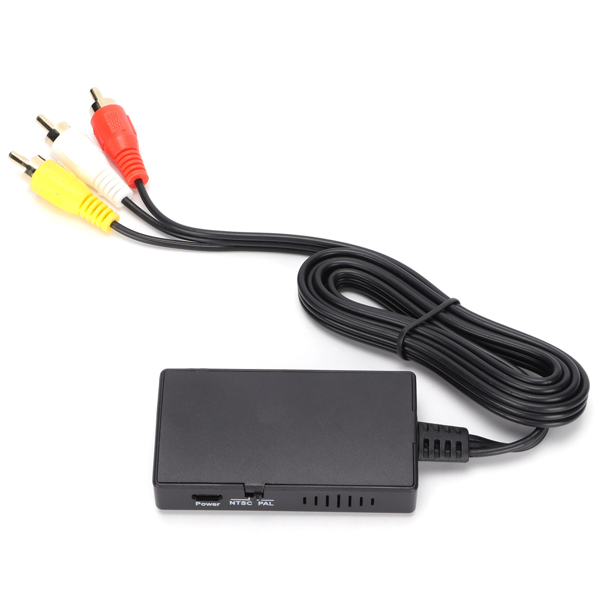 Schwarzer Videoadapter mit roten, weißen und gelben Anschlüssen, schwarzes Kabel, weißer Hintergrund.