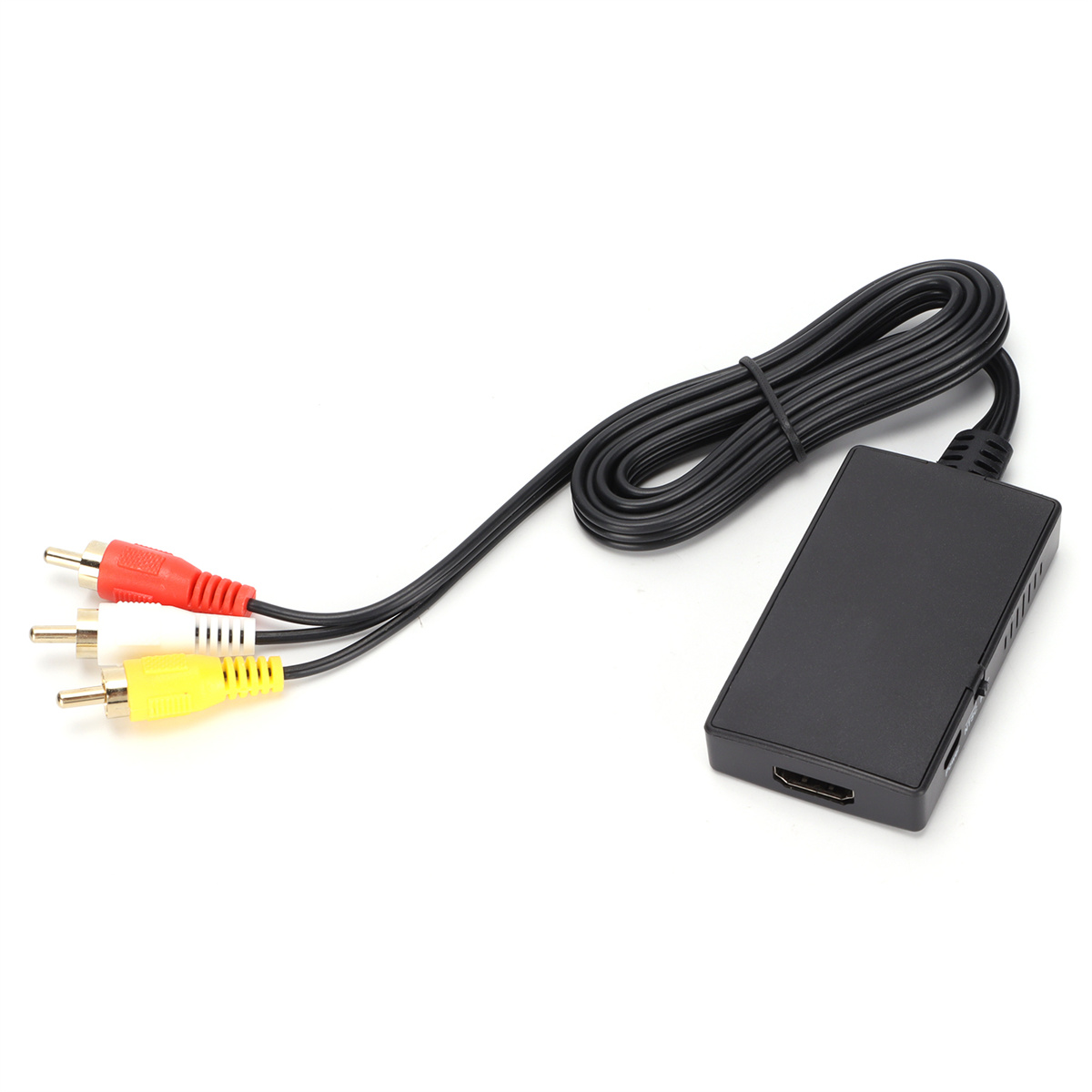 Schwarzer HDMI-zu-RCA-Konverter mit roten, gelben und weißen Cinch-Kabeln.
