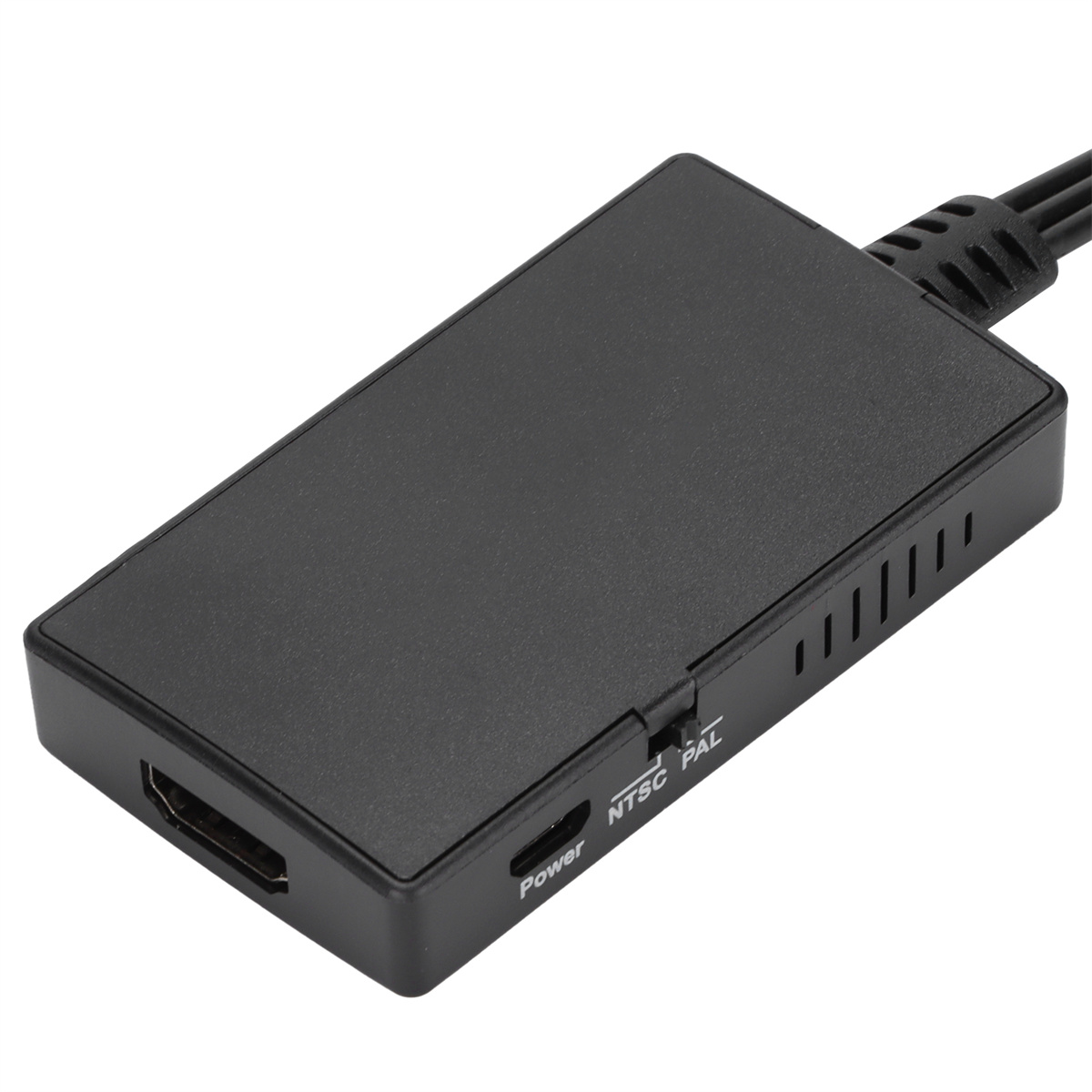 Schwarzer rechteckiger Adapter mit Anschlüssen und Beschriftungen.