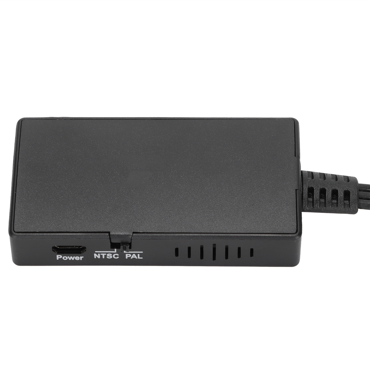 Schwarzes rechteckiges Gerät mit Anschlüssen 'Power', 'NTSC' und 'PAL'. Netzkabel angeschlossen.