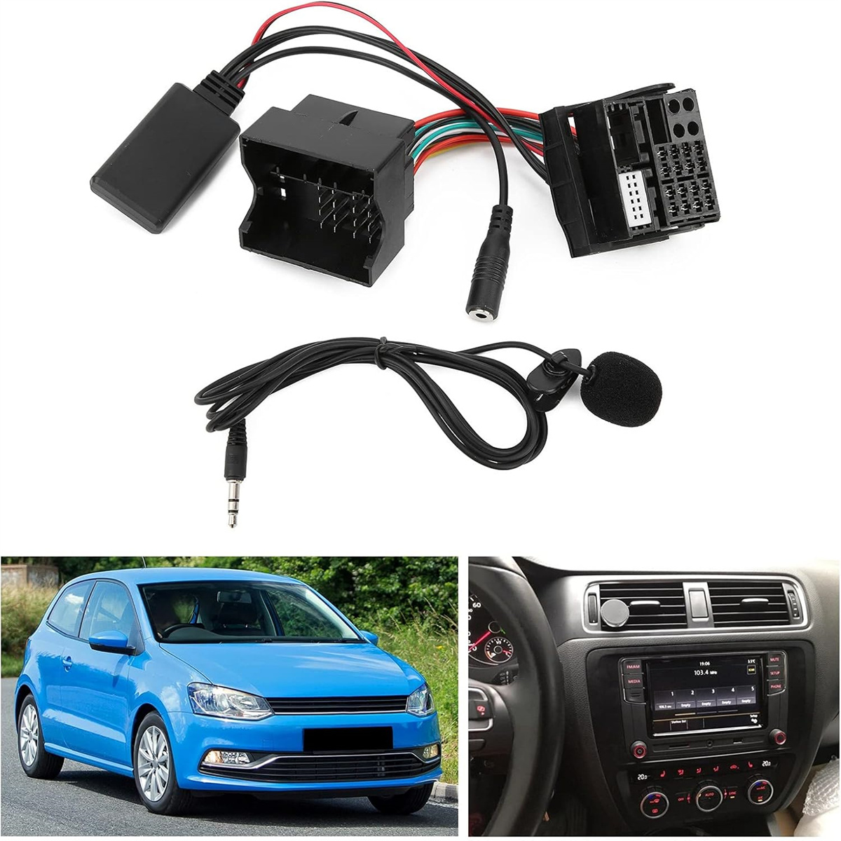 Kfz-Audio-Schnittstellenkomponenten und ein Innenraum. Bluetooth-Schnittstellenteile und Autodetails.