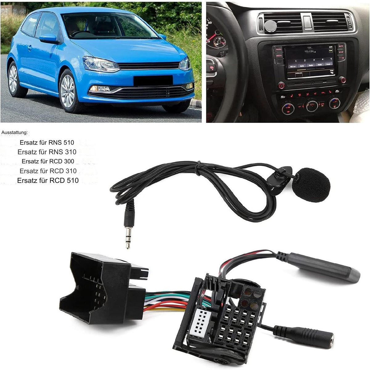 Auto und Teile. Blaues Auto im Hintergrund, mit Autoradioteilen im Vordergrund.