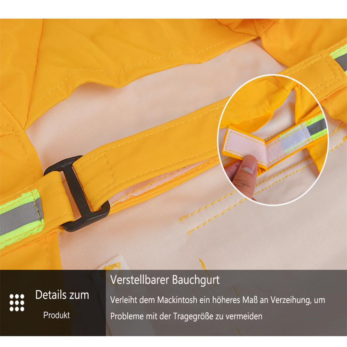 Gelbe Jacke mit verstellbarem Taillendetail, Nahaufnahme, Klettverschluss.