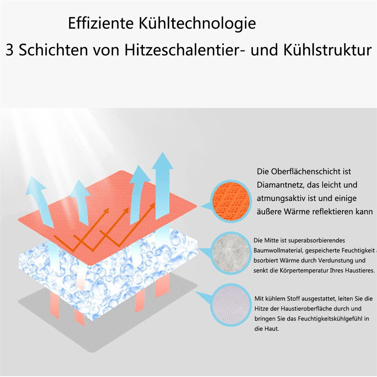 Diagramm der Kühltechnologie mit Schichten. Orangefarbene Pfeile zeigen den Luftstrom an.