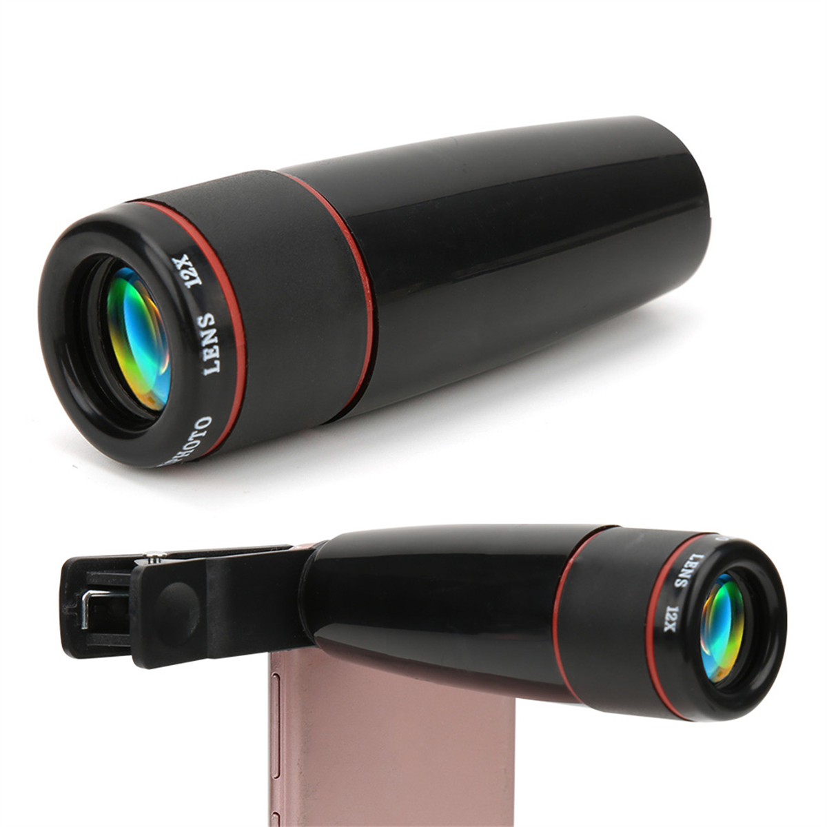 Schwarze Linse mit rotem Ring und 12x-Aufschrift, mit Clip an einem Telefon befestigt.