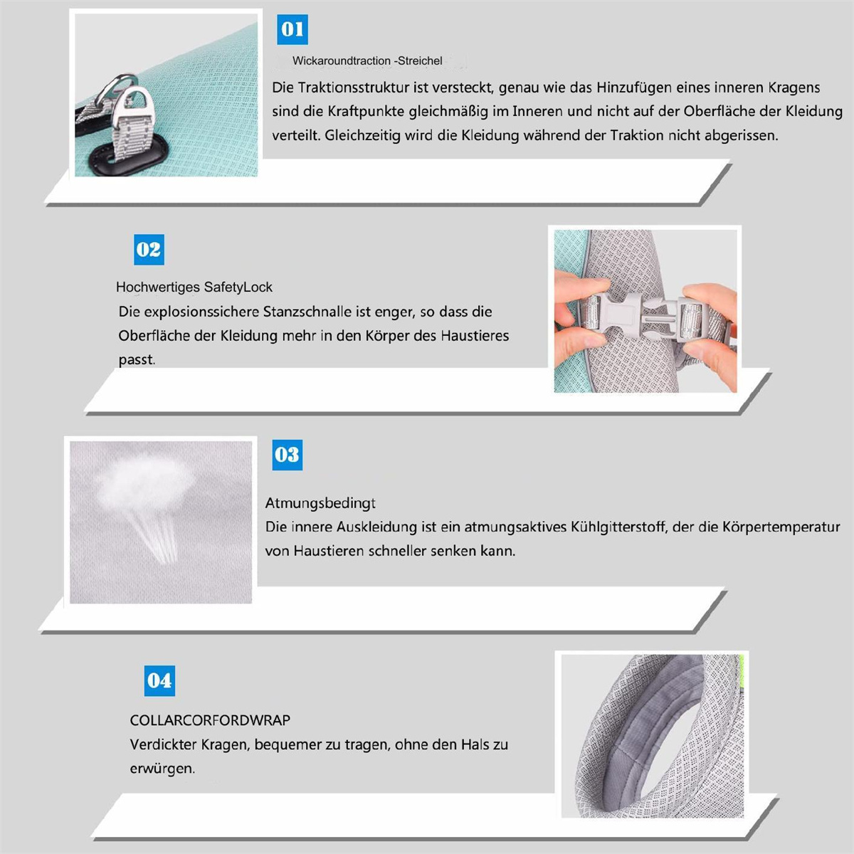 Diagramm, das ein Hundegeschirr mit Sicherheitsverschluss, atmungsaktivem Stoff und Kragendetails zeigt.
