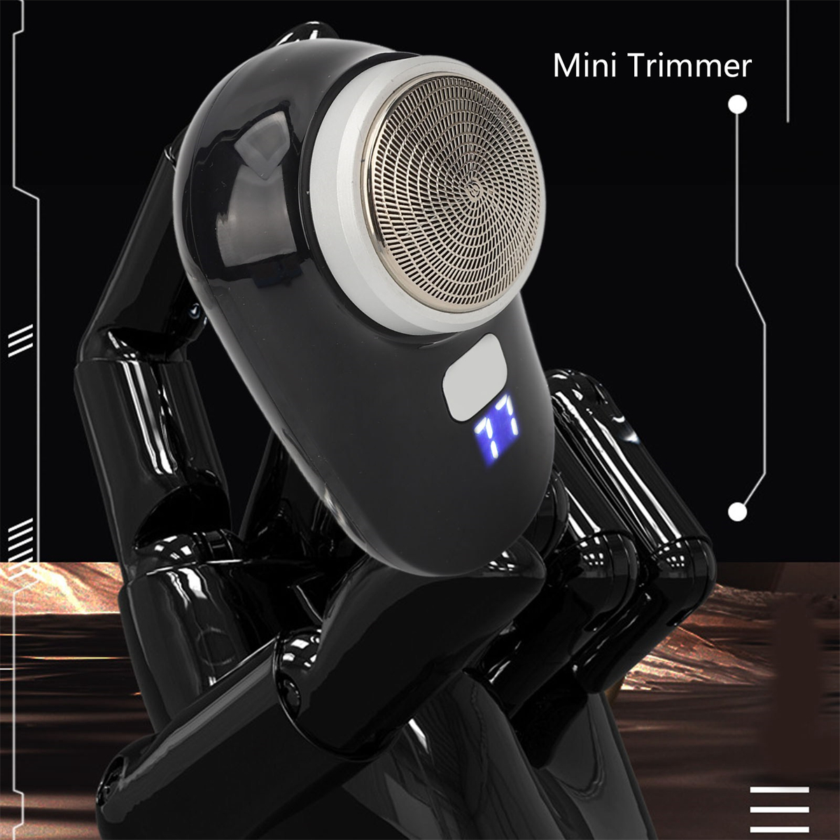 Mini-Trimmer, gehalten von einer schwarzen, beweglichen Hand. Der Trimmer hat einen Mesh-Kopf und Digitalanzeige.