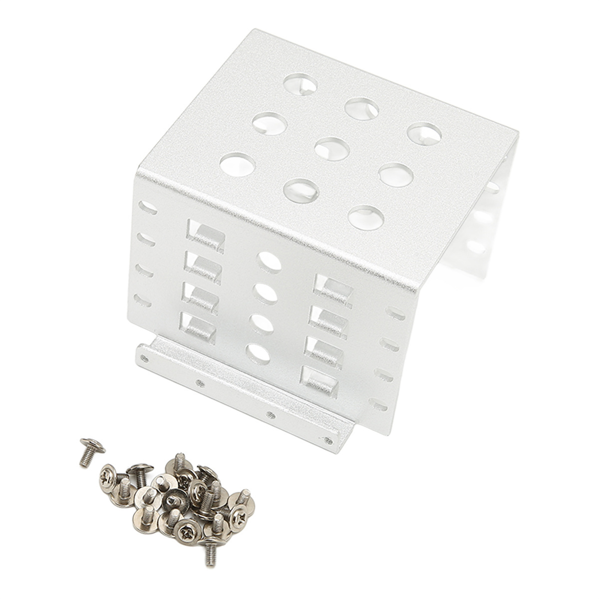Eine abgewinkelte Metallhalterung mit mehreren Löchern und Schraubenlöchern. Ein Haufen Schrauben darunter.