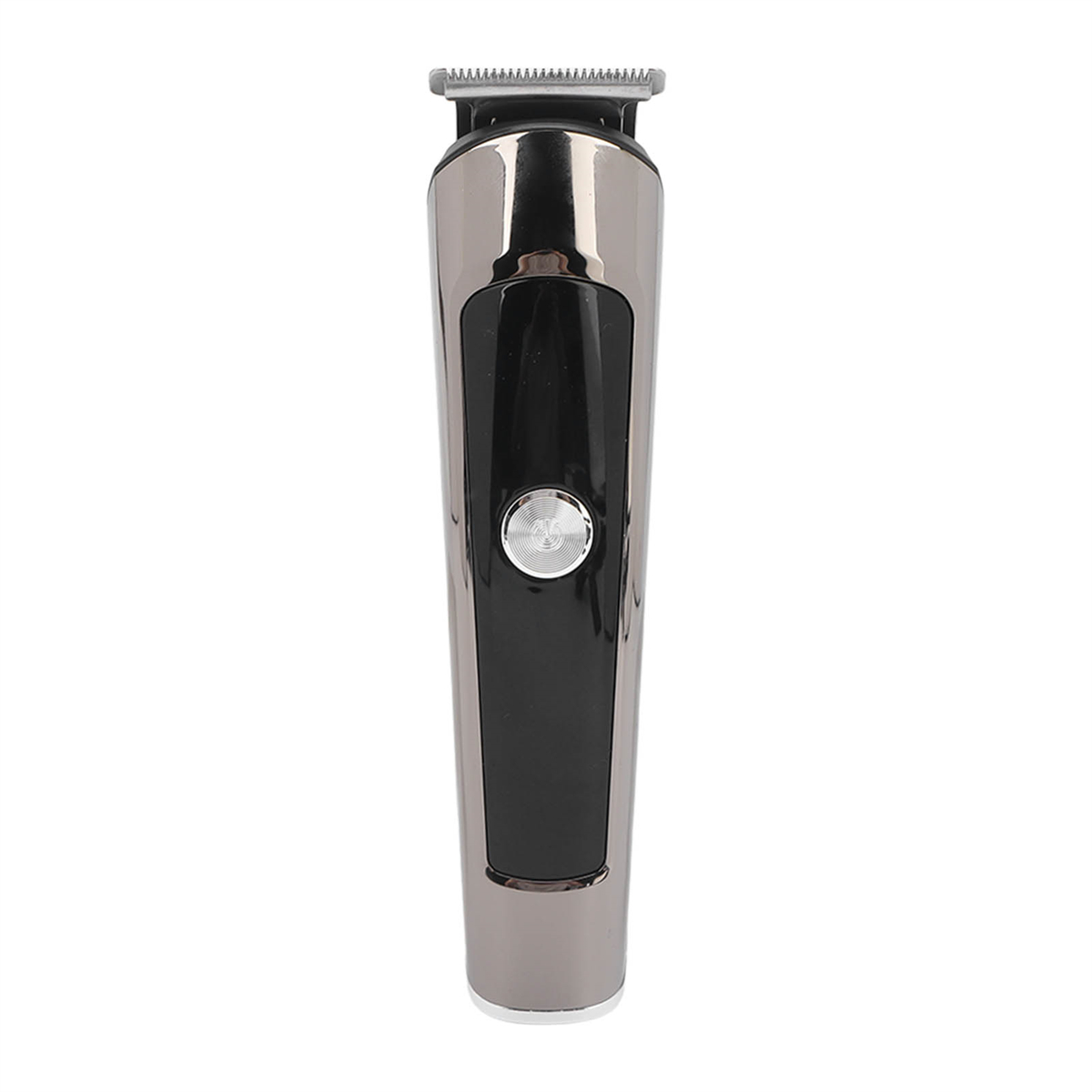 Silber-schwarzer Barttrimmer. Einzelne Taste in der Mitte des Gehäuses.