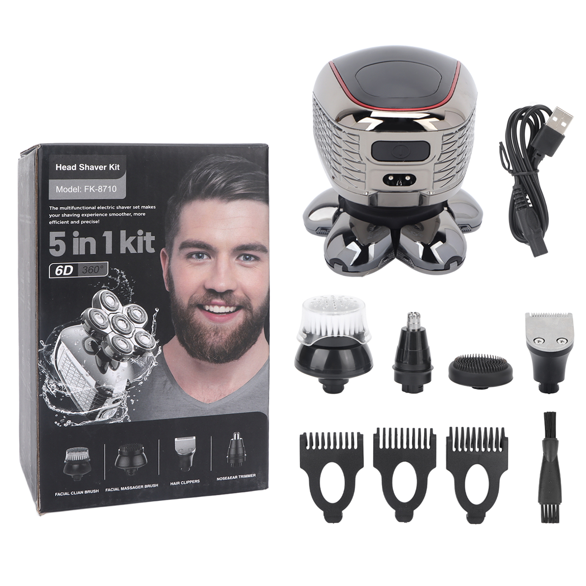Eine Schachtel mit dem Gesicht eines Mannes. Die Schachtel zeigt ein 5-in-1-Set mit mehreren Rasierköpfen.