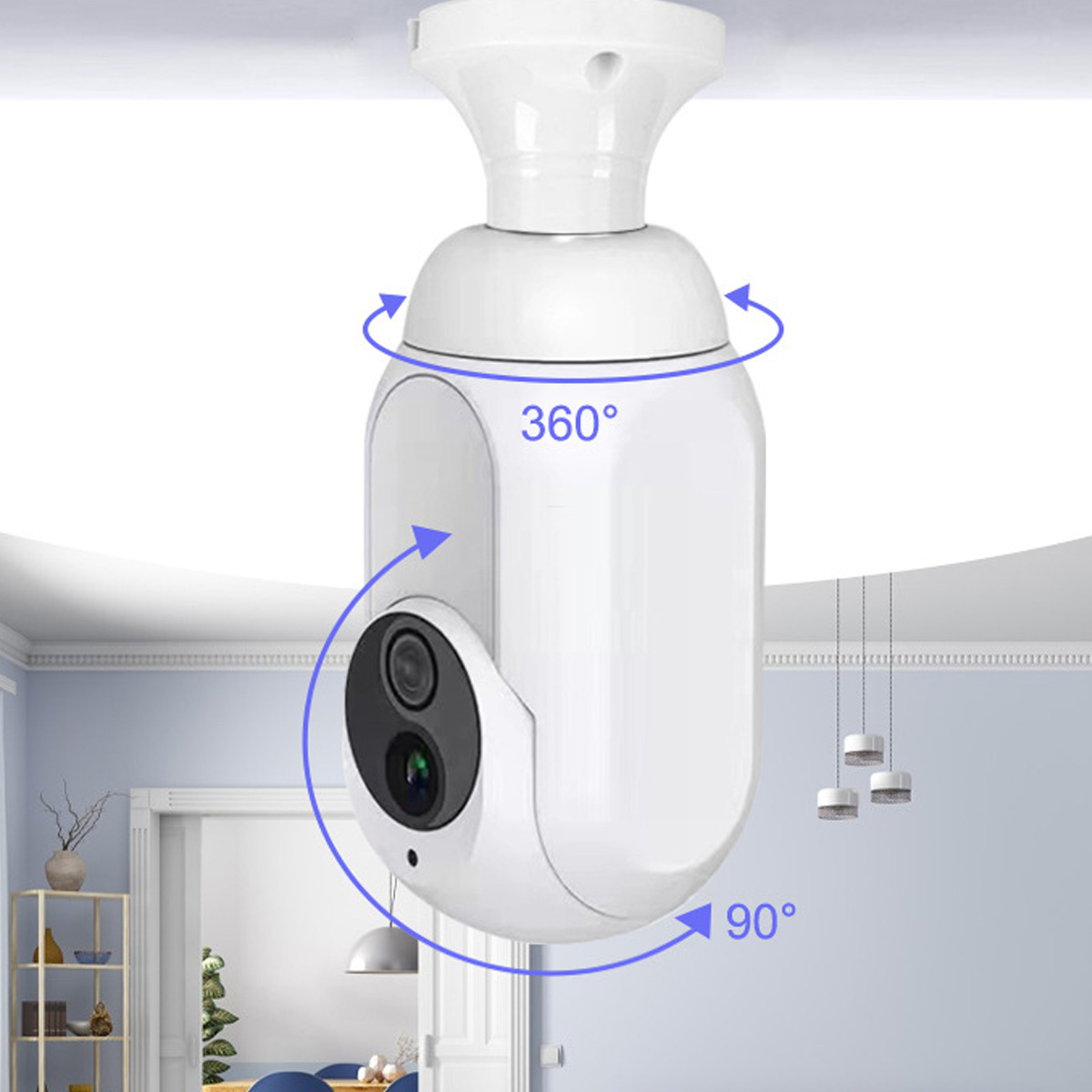 Weiße Überwachungskamera an der Decke montiert. Kamera kann sich um 360 Grad drehen und 90 Grad neigen.