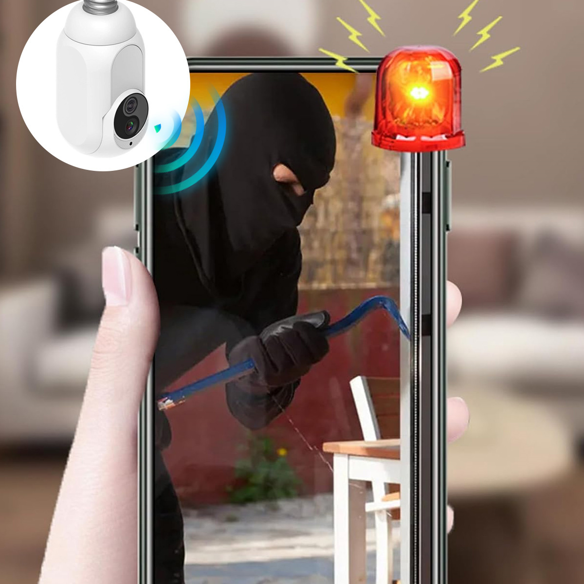 Eine Person, die ein Telefon hält, das einen Live-Feed einer Hausüberwachungskamera zeigt, mit einer Einbruchszene und einem roten Alarmlich.
