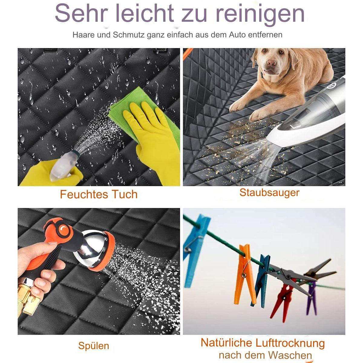 Eine Collage zeigt die Reinigung eines Autositzes. Beinhaltet Sprühen, Wischen, Staubsaugen und Wäscheklammern.