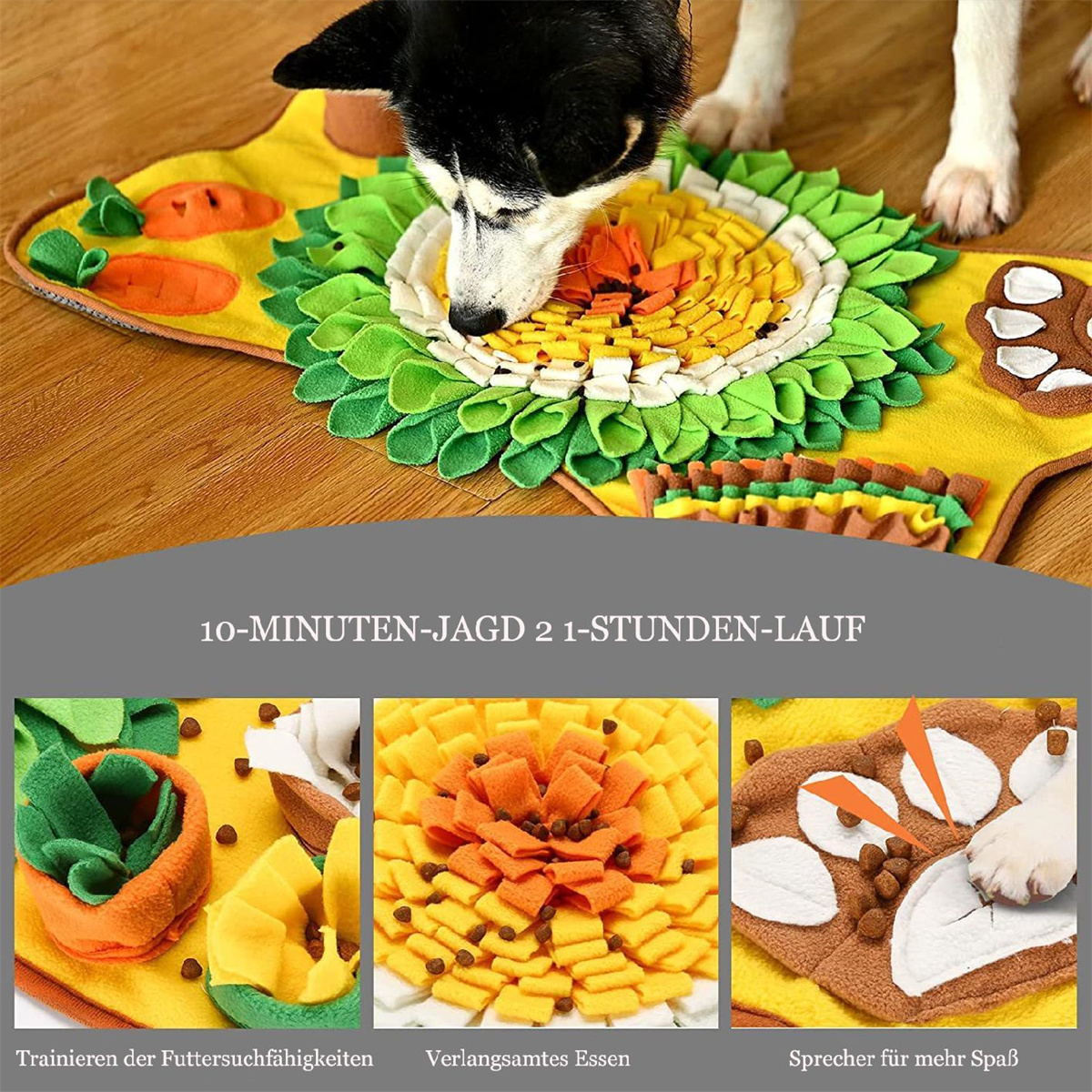 Hund, der von einer Hunde-Puzzlematte mit mehreren Fächern frisst.