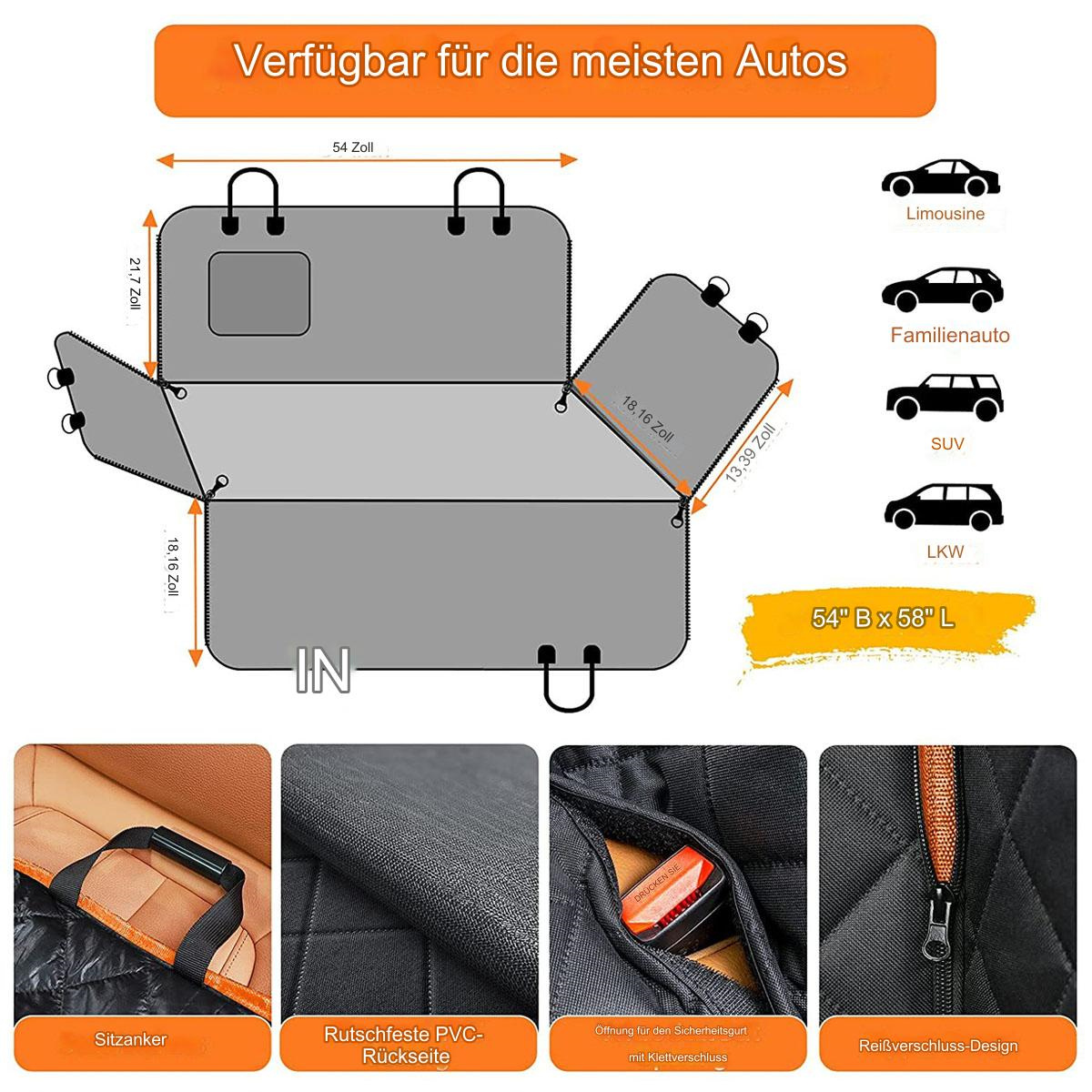 Ungefalteter Autositzschutz. Graue Oberfläche mit Maßen und Autosilhouetten.