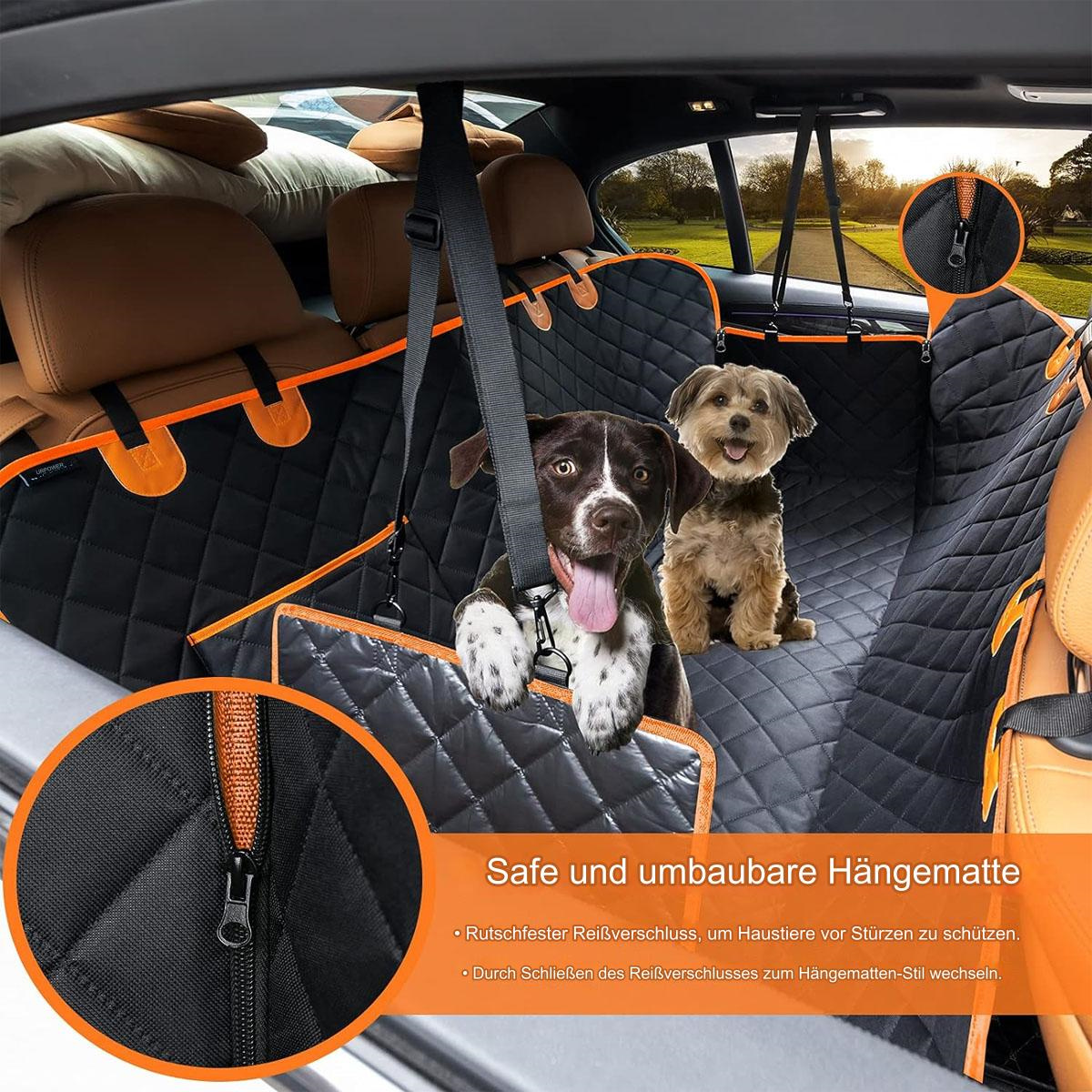 Zwei Hunde im Auto mit Hundesitzbezug. Ein Hund streckt die Zunge raus, der andere lächelt.