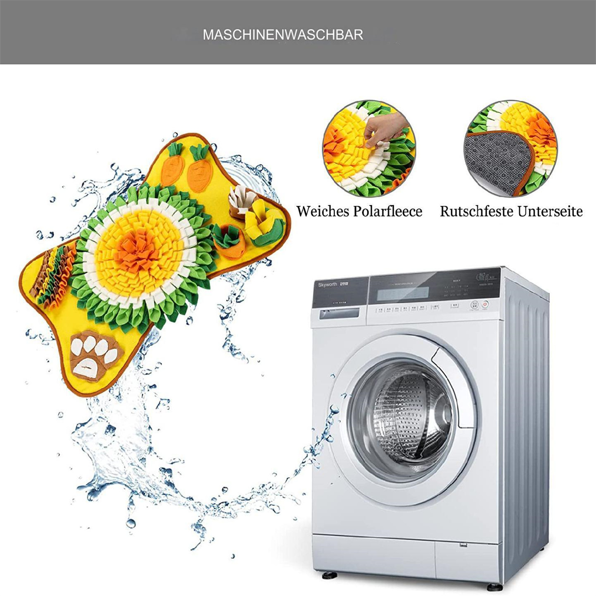 Eine hundeförmige Matte und eine Waschmaschine mit Wasserspritzern.
