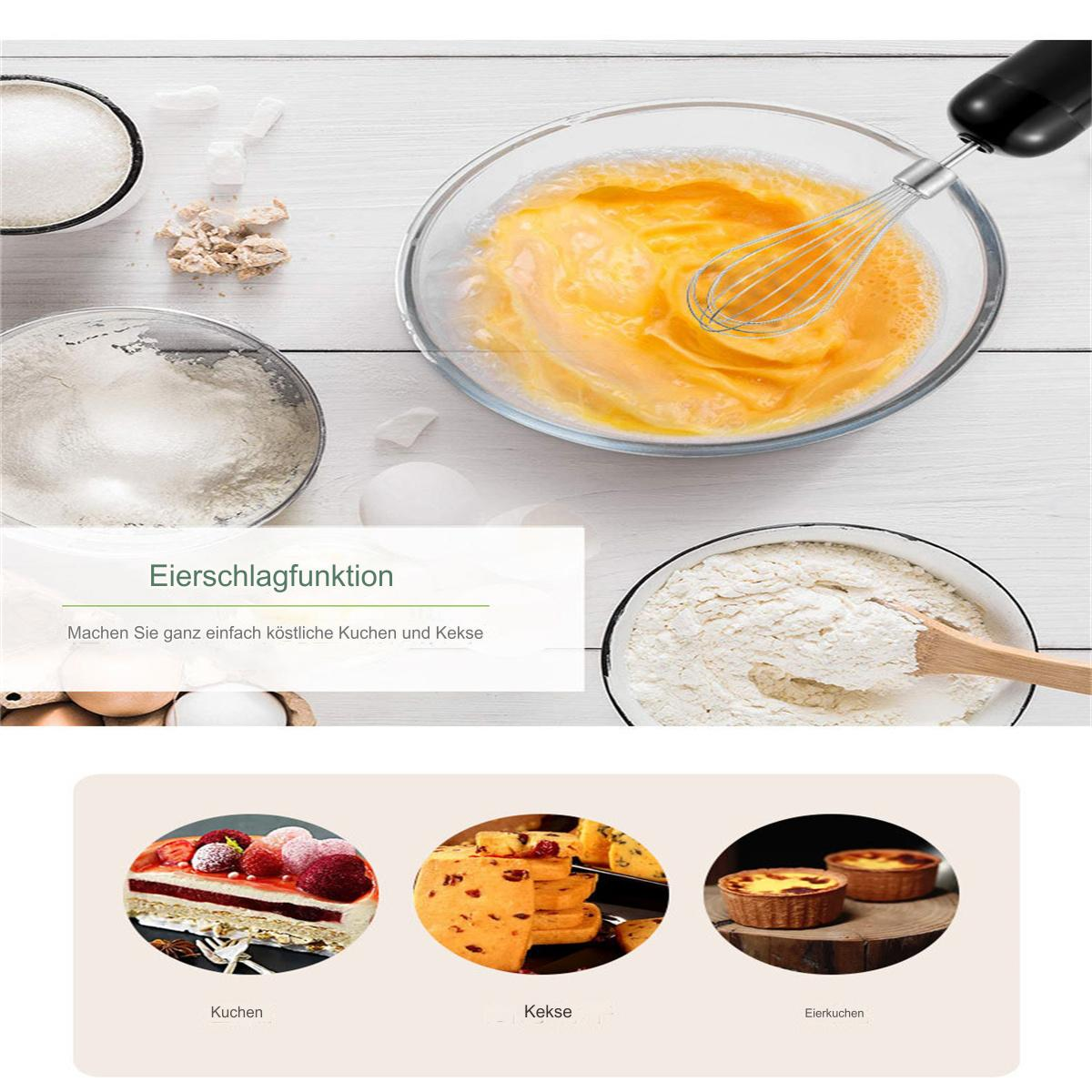 Eier werden geschlagen, Mehl und Kuchen. Text: Eierschlagfunktion. Kuchen und Kekse gezeigt.