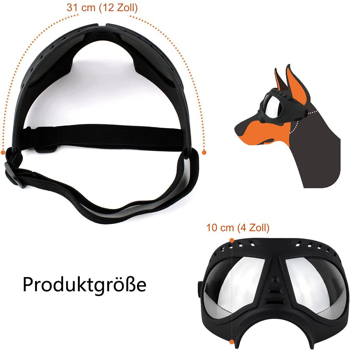 Schwarze Hundegläser mit Riemen und einer Hundeumriss.