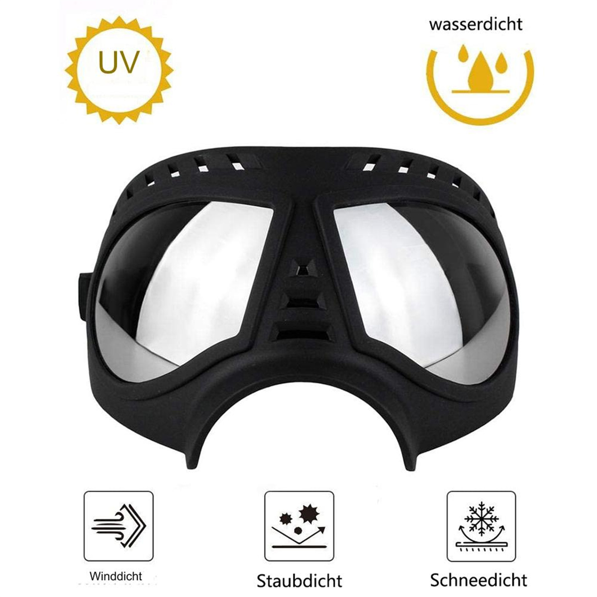 Schwarze Hundegläser. Text: UV, wasserdicht, winddicht, staubdicht, schneefest.