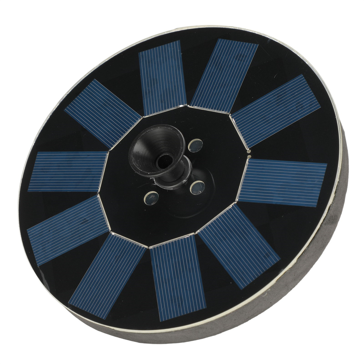 Solarbrunnen mit blauen Paneelen, schwarzem Sockel und zentraler Düse. Modernes, umweltfreundliches Design.
