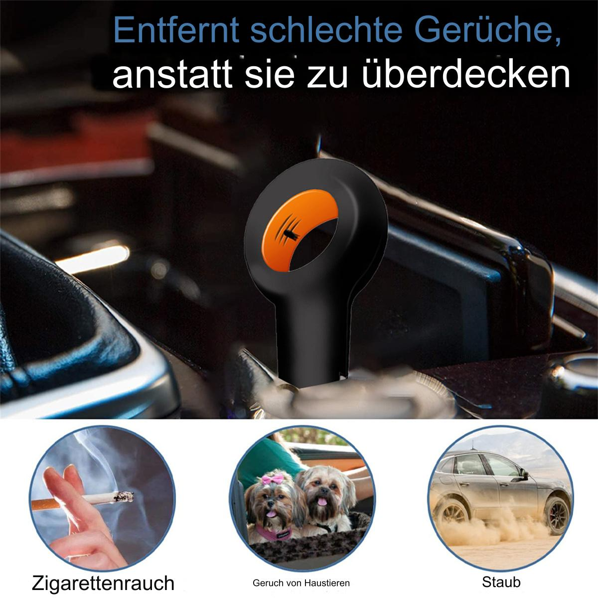 Bild mit Text: 'Entfernt schlechte Gerüche, anstatt sie zu überdecken'. Bilder: Rauch, Haustiere, Staub, Auto.