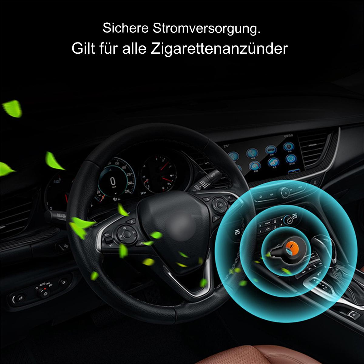 Autointerieur mit Lenkrad, Armaturenbrett und einem Lufterfrischer.