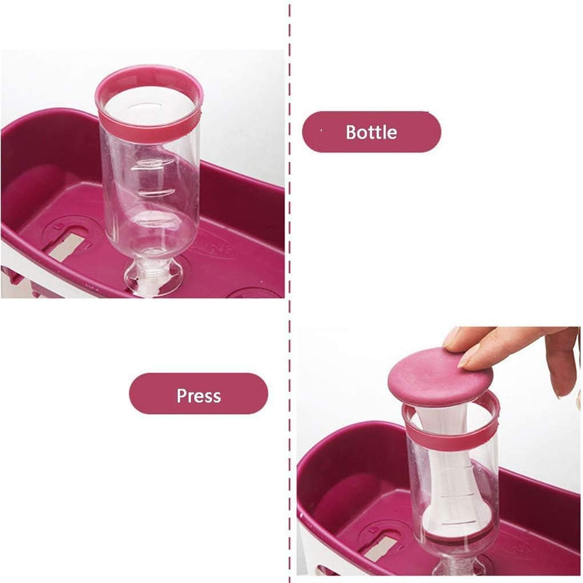Ein rosa und weißer Behälter mit Deckel, Flasche und Druckfunktion.