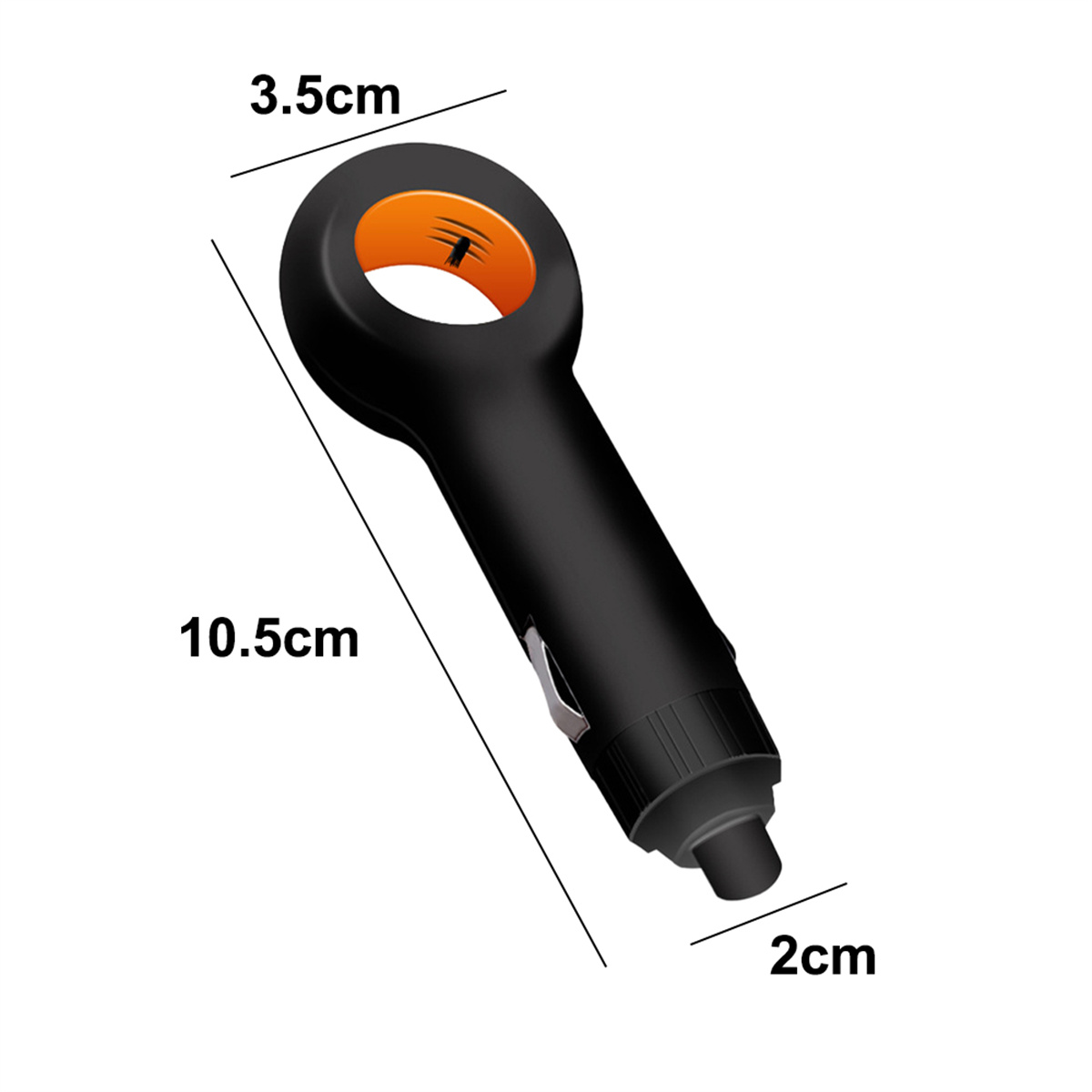 Schwarzes und oranges Autoladegerät mit Abmessungen: 10,5 cm lang, 3,5 cm Kopfdurchmesser und 2 cm Basis.