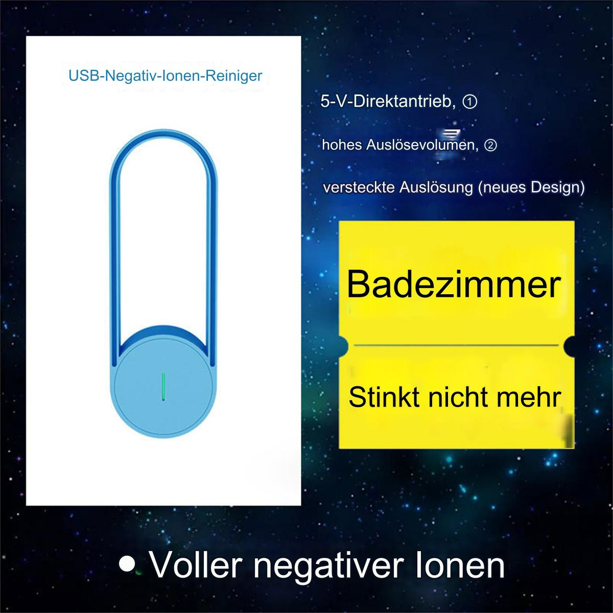 Ein Luftreiniger mit Text auf Deutsch und einer gelben Notiz mit der Aufschrift 'Bad' und 'Stinkt nicht mehr'.