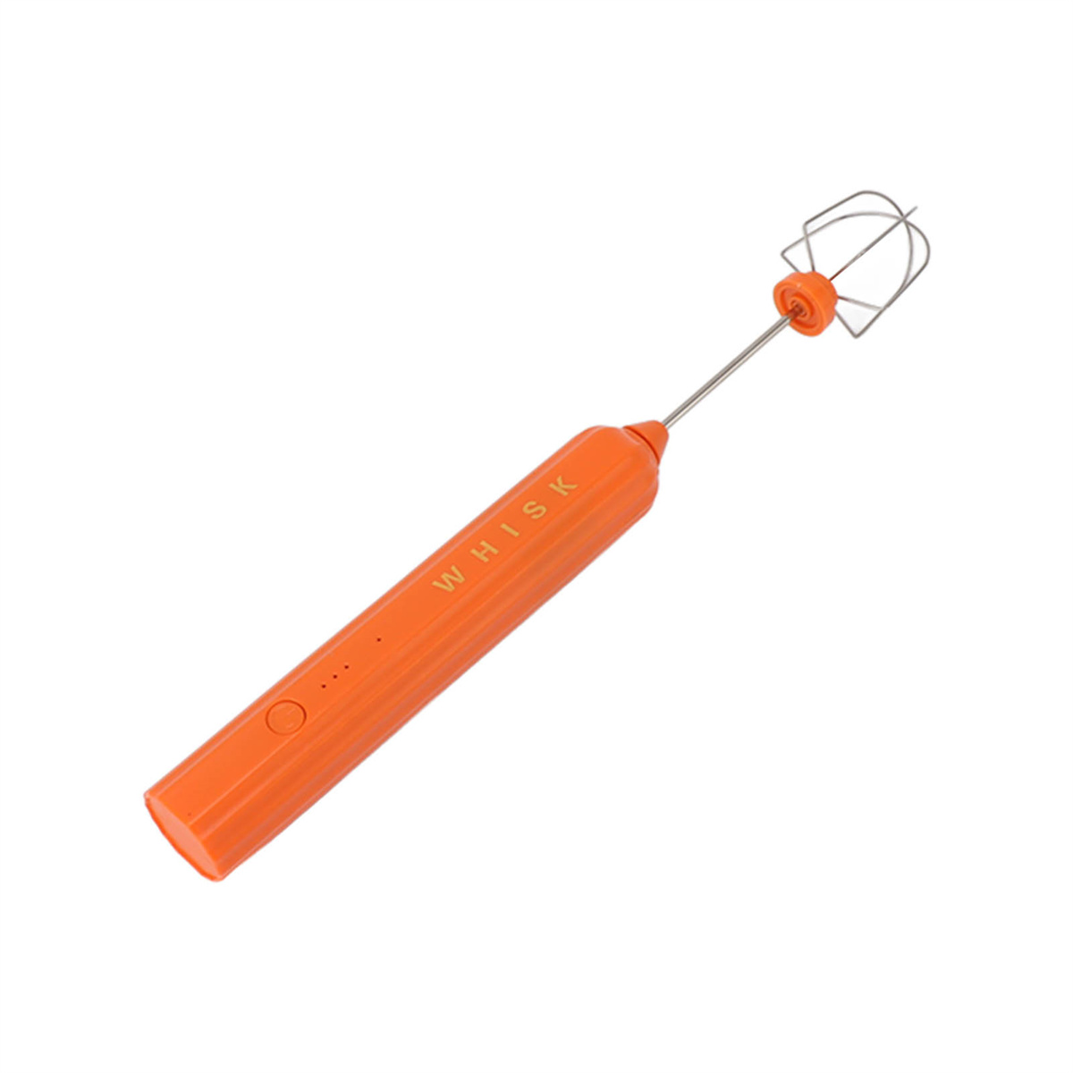 Orangener elektrischer Schneebesen auf weißem Hintergrund. Das Wort 'WHISK' ist auf dem Griff gedruckt.