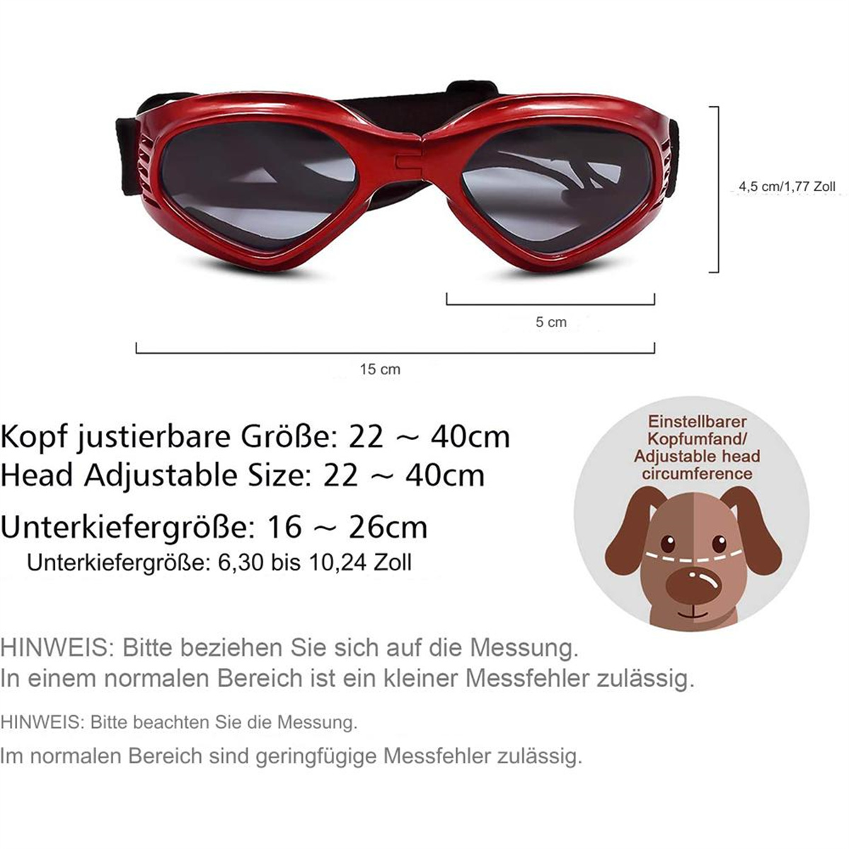 Hundegläser mit Größenangaben. Text auf Deutsch: Kopf einstellbare Größe, Kiefergröße.