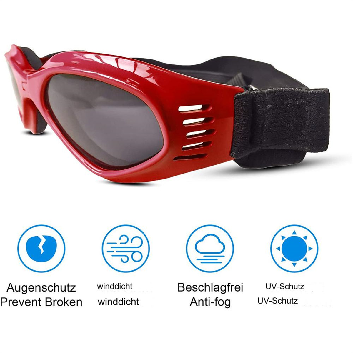 Rote Sonnenbrille. Sie hat einen roten Rahmen und dunkle Gläser. Text sagt 'Augenschutz, winddicht, beschlagfrei, UV-Schutz'.